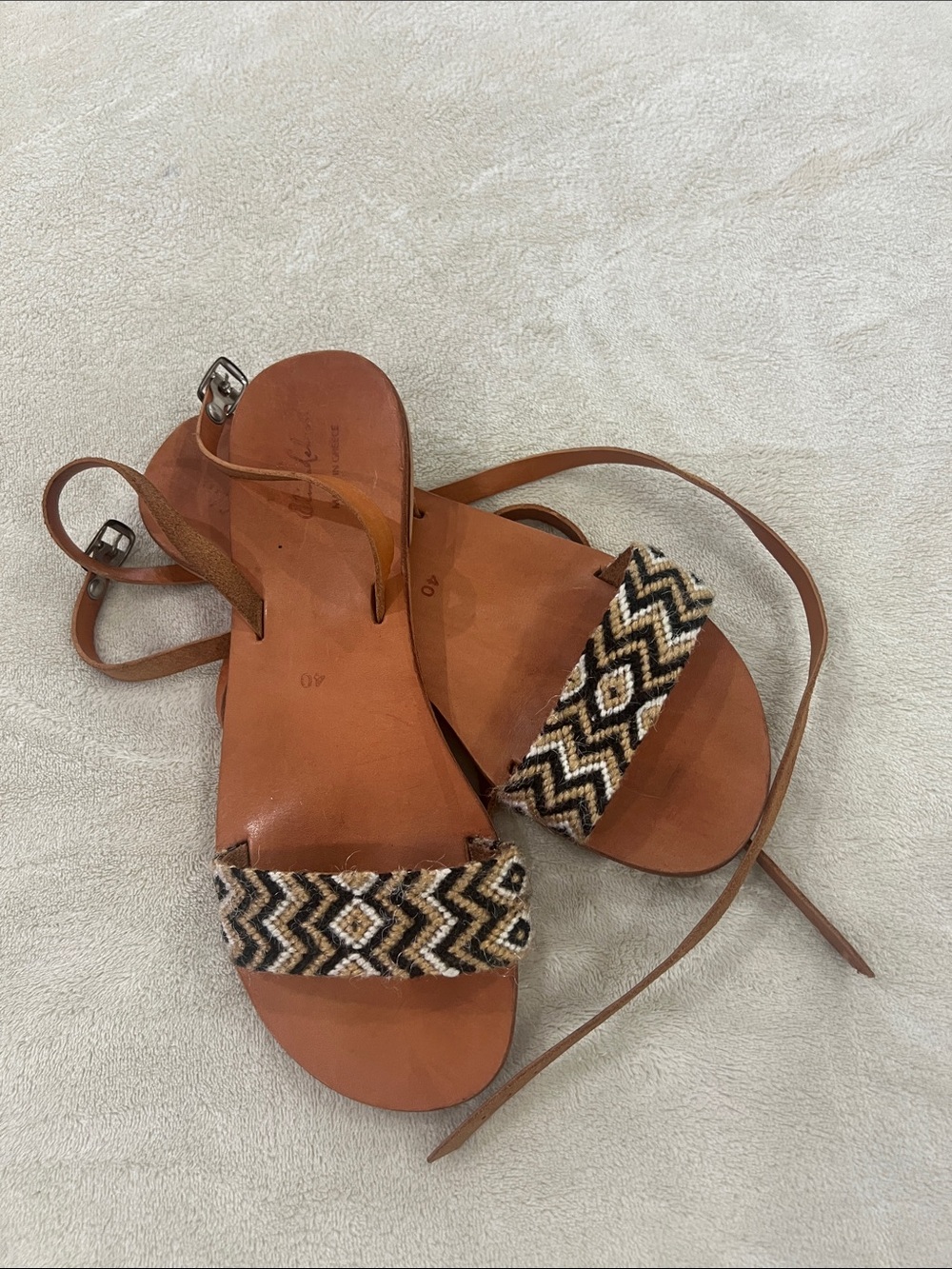 Braided Strap Tan Leather Women’s Sandals with Geo Pattern